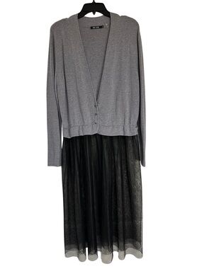 NIC+ZOE XL Gray Knit Cardigan Black Mesh Tulle Hem Mixed Media Midi Dress